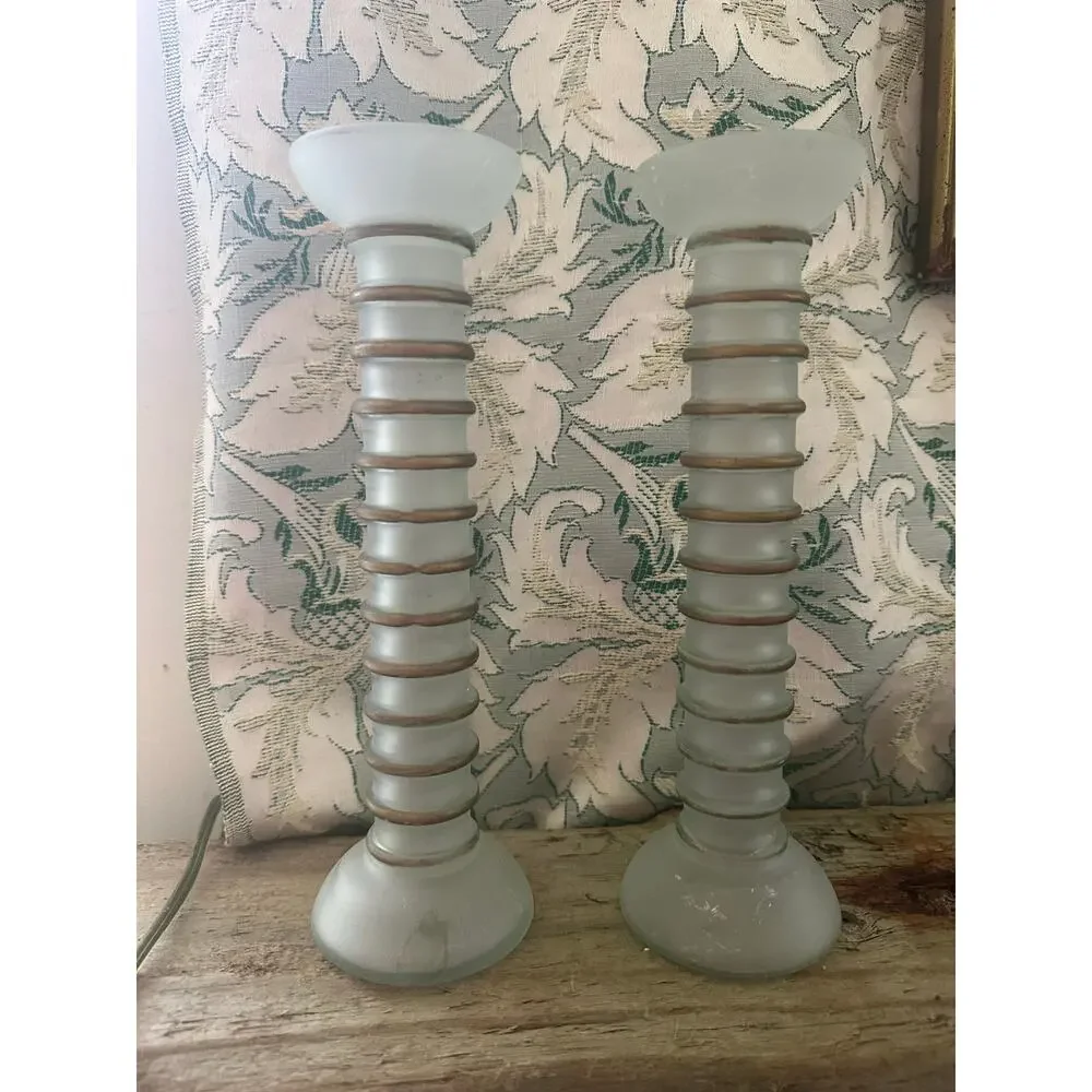 Vintage La Mediterranea Green Glass Vases Candlesticks frosted Spain set 2, 7”